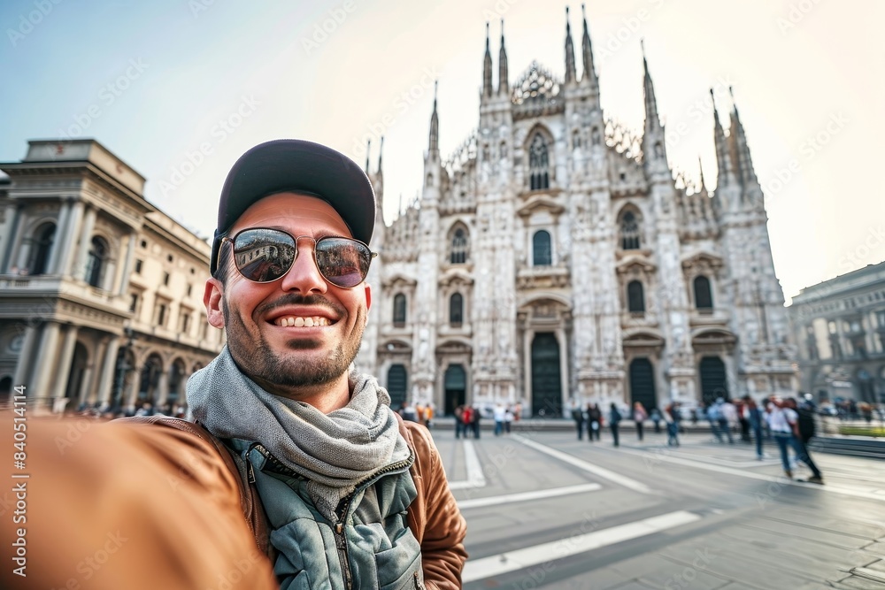 Happy tourist taking selfie in front of Duomo cathedral in Milan, Italy - Holidays and traveling lifestyle concept, Generative AI Happy tourist taking selfie in front of Duomo cathedral in Milan, Italy - Holidays and traveling lifestyle concept, Generative AI