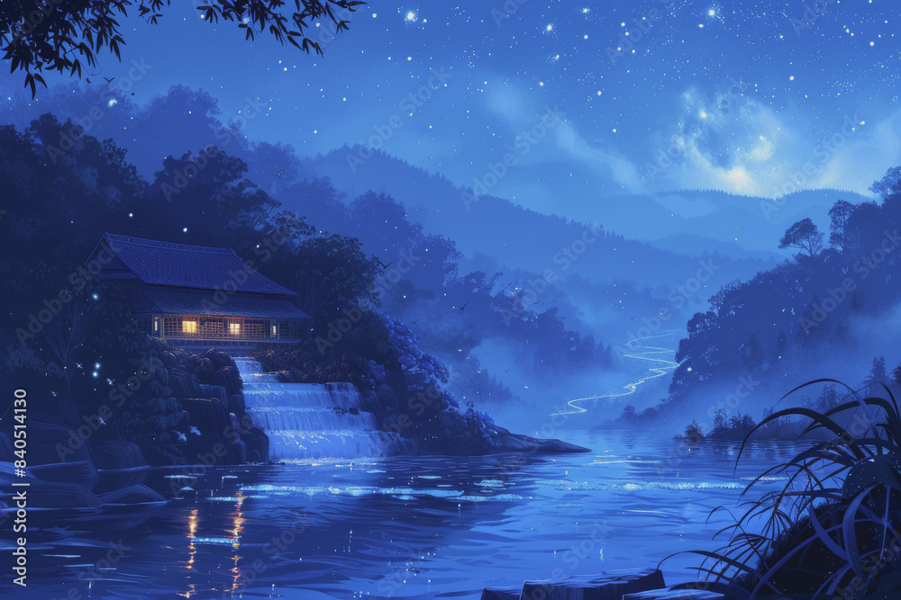 The natural river flowing at night has beautiful starlight reflections. nature background. The natural river flowing at night has beautiful starlight reflections. nature background.