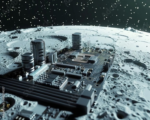 Graphic of Graphical representation of AIdriven technology on an electronic mainboard with a lunar backdrop photo