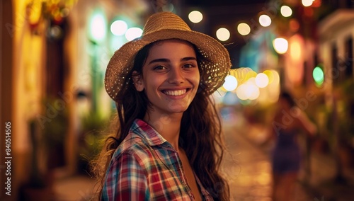 Portrait smiling Brazilian young woman in a plaid shirt and straw hat on the background of a festive celebration party Festa Junina. Summer, night, street city, Garland. Traditional holiday concept.