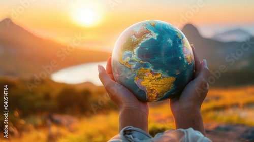 Hands of a traveler holding a globe with excitement and anticipation  planning adventures and discovering new destinations