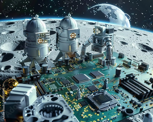 Graphic of Graphical representation of AIdriven technology on an electronic mainboard with a lunar backdrop photo