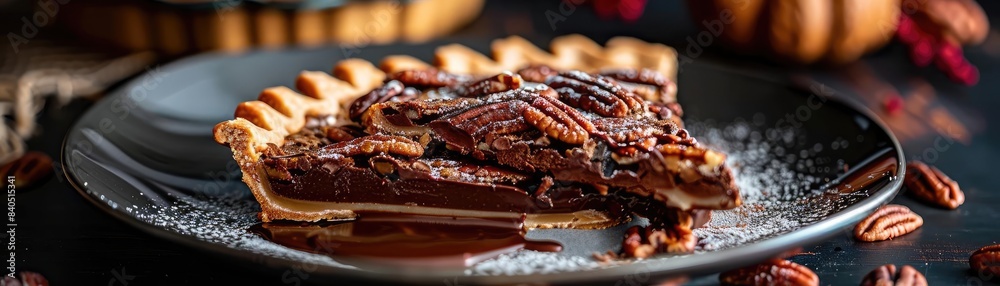 Close-up of a delicious slice of chocolate pecan pie on a black plate, garnished with powdered sugar and pecans. Perfect for dessert lovers. Close-up of a delicious slice of chocolate pecan pie on a black plate, garnished with powdered sugar and pecans. Perfect for dessert lovers.