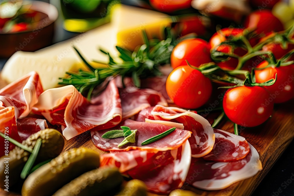 A delightful charcuterie board with sliced meats, cherry tomatoes, pickles, cheese, and fresh herbs. Perfect for social gatherings and parties. A delightful charcuterie board with sliced meats, cherry tomatoes, pickles, cheese, and fresh herbs. Perfect for social gatherings and parties.