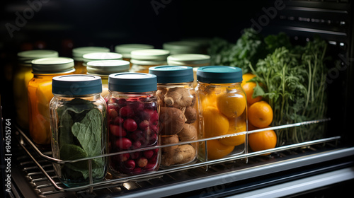 Closeup of a refrigerator shelf with properly labeled food storage containers, showcasing the importance of proper food labeling and storage for maintaining food safety