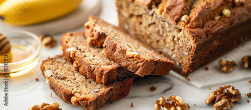 gluten banana bread with walnuts and honey sliced