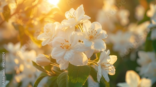 Jasmine flowers in full bloom  their white petals glowing in the golden light of dawn