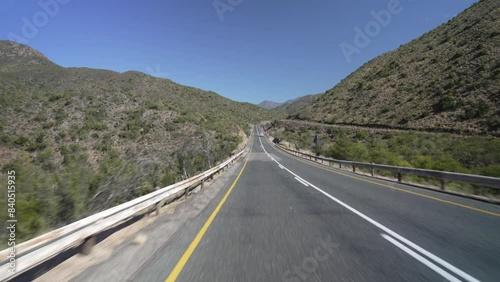 On the road view of road R62 and green mountainous landscape between Zoar and Calitzdorp, Western Cape Province, South Africa, Africa photo