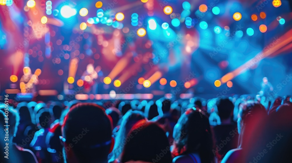 Large audience enjoying a live performance, with blurred stage lights casting a dynamic glow over the scene Large audience enjoying a live performance, with blurred stage lights casting a dynamic glow over the scene