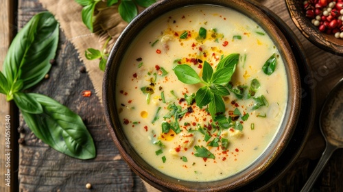 Delicious and creamy Thai ant egg soup in coconut milk, garnished with herbs, served in a traditional bowl on a wooden table photo