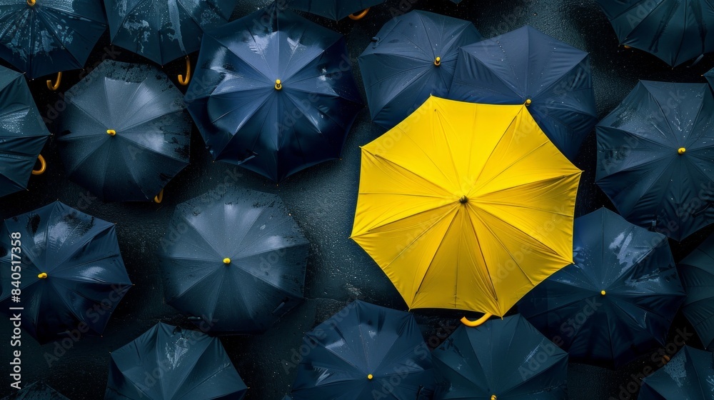 concept for leadership with many blacks and yellow umbrella concept for leadership with many blacks and yellow umbrella