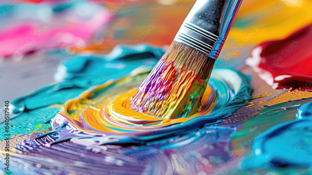 Fototapeta premium Colorful Paintbrush A close-up of a colorful paintbrush mixing vibrant paints on a palette, creating a splash of colors Ideal for art and creative concepts
