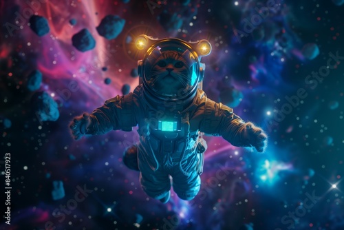 Adorable cat in a space suit floating in outer space with vibrant colors and cosmic background