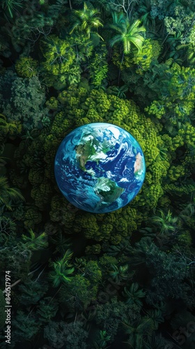 Atmospheric aerial view of the green forest with the earth Demonstrate the concept of preserving the top ecosystem and natural environment and Save Earth.
