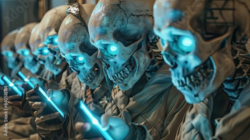 Digital Skull Figures A digital artwork depicting a row of skull-faced figures engrossed in their smartphones with glowing blue screens, raising questions about technologys influence on human connec