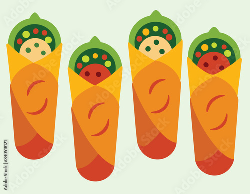 Shawarma Vector set, vector illustration. Turkish takeaway fast food. Realistic pita bread roll with chicken or beef meat, salad and vegetables. Tortilla wrap. Kebab, burrito. Shawarma sandwich.