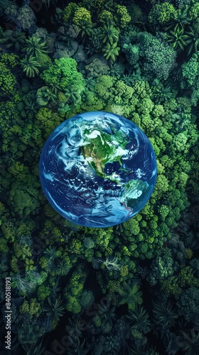 Earth protection day planet earth is colorful green in the middle of a dense forest