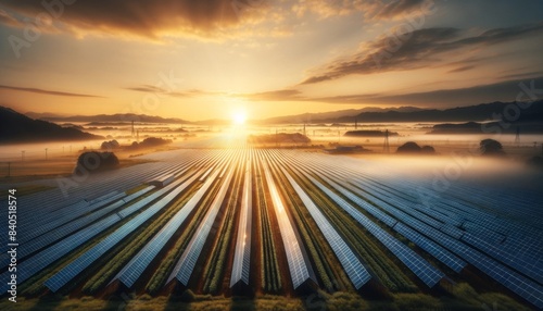 A vast field covered with rows of solar panels, glistening under the early morning sun with a clear sky in the background