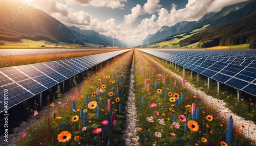 A solar panel farm with vibrant wildflowers growing in between the rows, highlighting the harmony between technology and nature