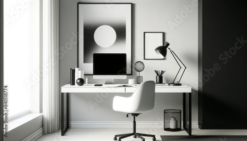 A monochrome minimalist home office design with a white desk and chair, black accents like a desk lamp and a few decorative items