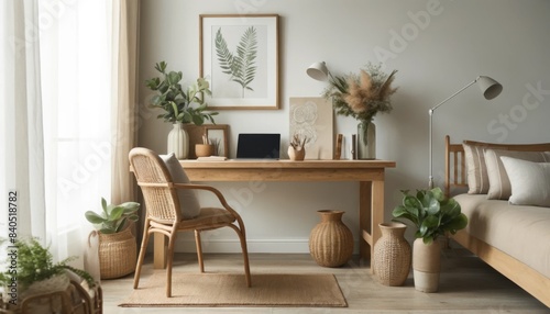 A minimalist home office featuring a wooden desk, a wicker chair, neutral-colored decor, and plenty of greenery. 