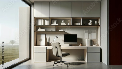 A minimalist home office with built-in shelves, a sleek desk, a minimalist chair, and a few carefully selected office essentials. 