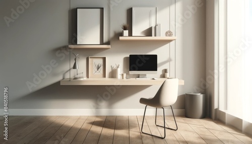 A minimalist home office with a floating desk attached to the wall, a simple chair, and minimal decor. The focus is on functionality and space-saving.