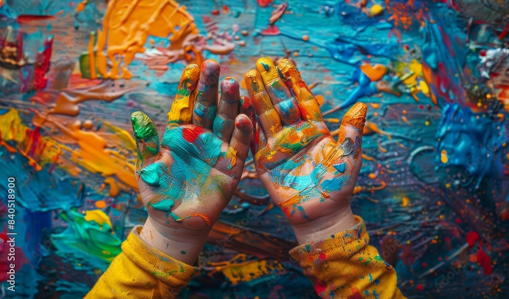 Obraz premium Vibrant Messy Hand Painting - Child's Creative Art Exploration - Colorful Abstract Expressionism