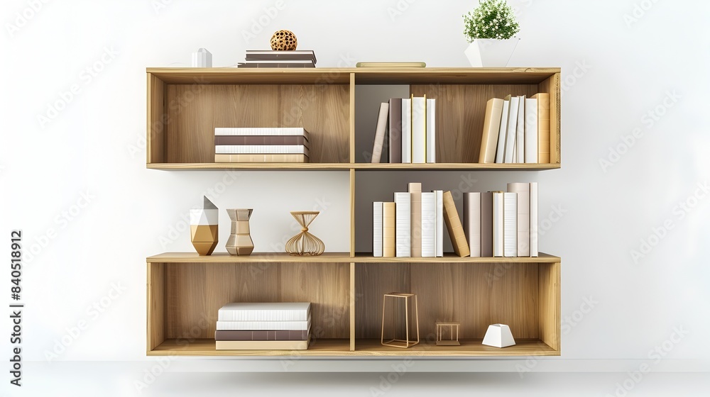 Wooden Bookshelf Filled with Books and Decor Items on White Background Wooden Bookshelf Filled with Books and Decor Items on White Background
