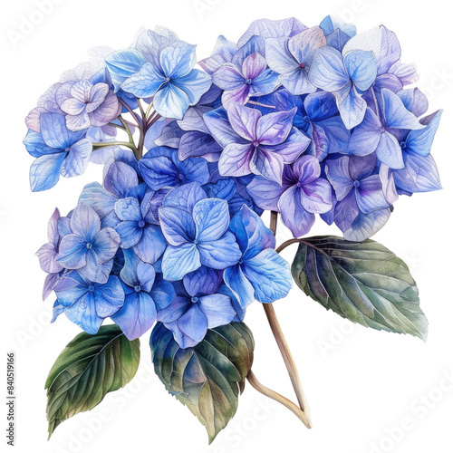 A watercolor painting of a blue hydrangea flower.