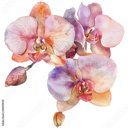 Watercolor drawing of pink and purple orchid flowers.