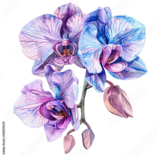 Watercolor drawing of blue and purple orchid flowers.