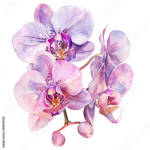 Watercolor drawing of pink orchid flowers.