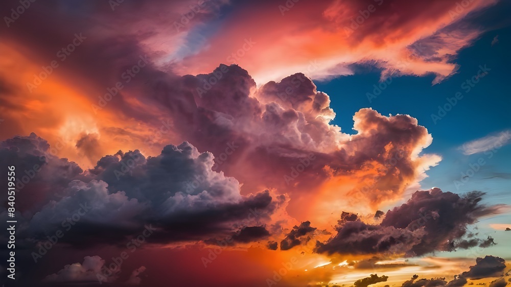 Naklejka premium A colorful, beautiful sunset sky filled with vibrant hues of pink, orange, and red creates the illusion of animals in the clouds. Generative AI