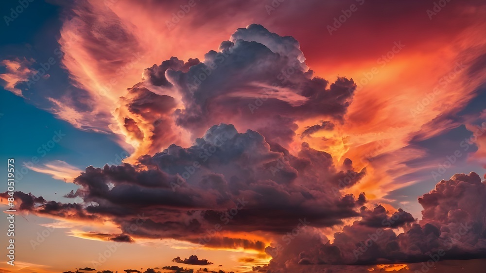 Fototapeta premium A colorful, beautiful sunset sky filled with vibrant hues of pink, orange, and red creates the illusion of animals in the clouds. Generative AI