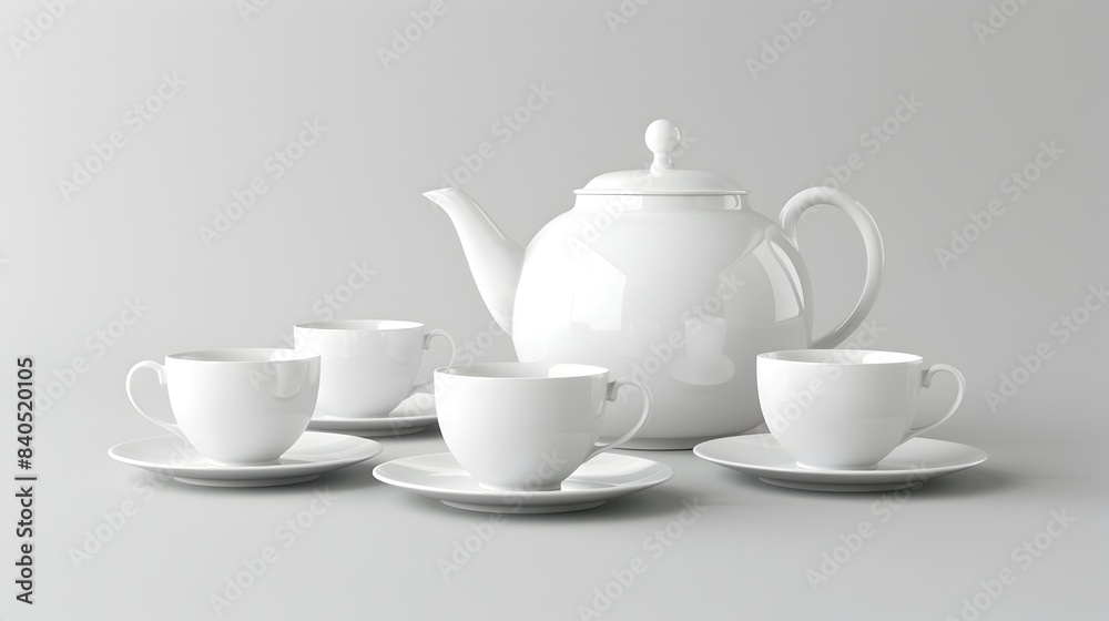 3D Render of Modern White Ceramic Teapot and Matching Cup Set on White Background 3D Render of Modern White Ceramic Teapot and Matching Cup Set on White Background