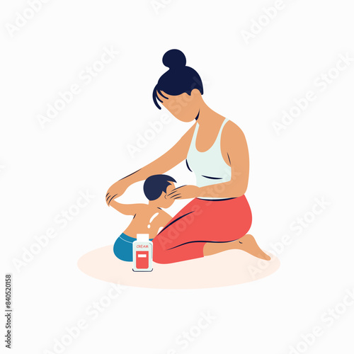 Woman applying cream to her baby's back, vector illustration. Mother applies lotion on kid. 