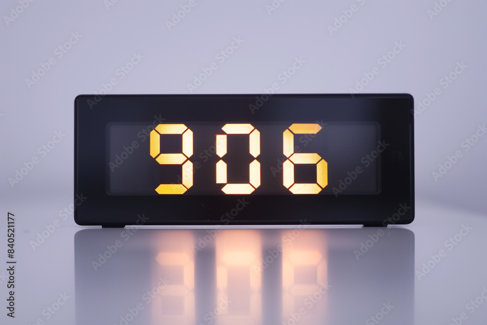 A black digital clock showing the time with a gray background. A black digital clock showing the time with a gray background.