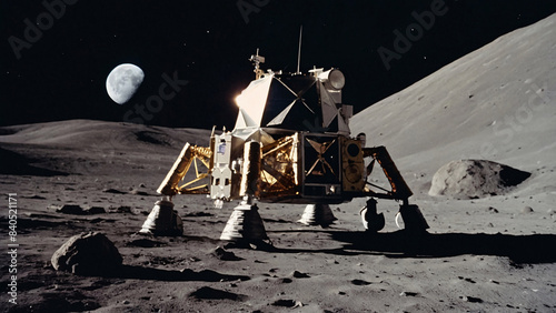 Moon landing that features an astronaut standing on the lunar surface. Show the Apollo 11’s Eagle module.