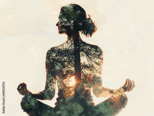 Double exposure of a woman meditating and nature. Symbolizes inner peace, mindfulness, and connection with the environment.