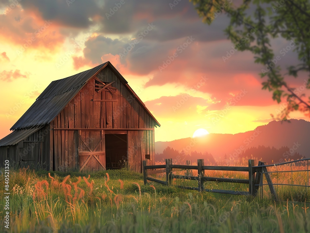 Serene countryside barn at sunset, surrounded by lush grass and a wooden fence under a colorful sky. Tranquil rural scene with warm hues. Serene countryside barn at sunset, surrounded by lush grass and a wooden fence under a colorful sky. Tranquil rural scene with warm hues.