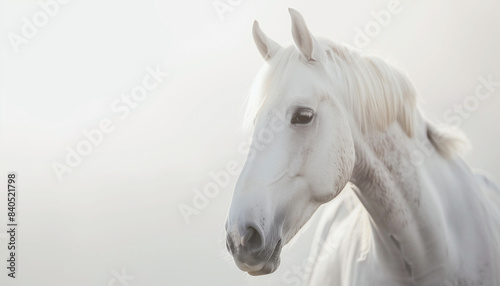 white horse portrait on white background. copy space