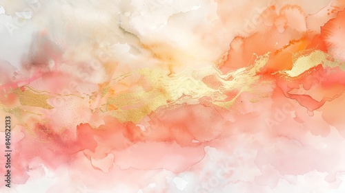 A dreamy abstract watercolor with soft gradients of peach, coral, and gold