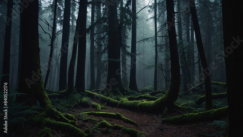Image of a deep, dark forest with ancient, towering trees