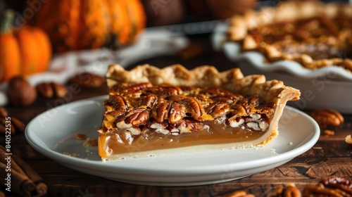 A delicious slice of homemade pecan pie served on a white plate, with a whole pie and pumpkins in the background.