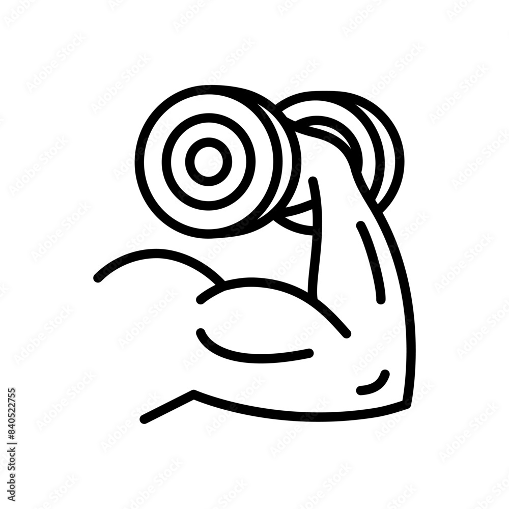 Muscle pump icon. Athlete bicep symbol. Hand with dumbbell illustration. Strength and power symbol. Training exercise vector sign. Muscle pump icon. Athlete bicep symbol. Hand with dumbbell illustration. Strength and power symbol. Training exercise vector sign.