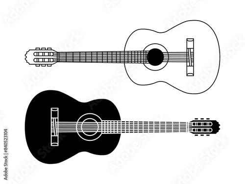 Acoustic guitar monochrome vector illustration. Musical instrument black icon. Classical guitar line design concept.