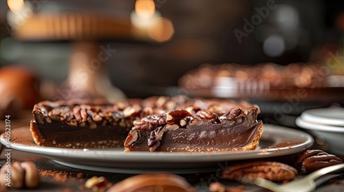 Delicious pecan tart with a rich chocolate filling on a rustic plate  set on a wooden table with a blurred background in warm lighting.