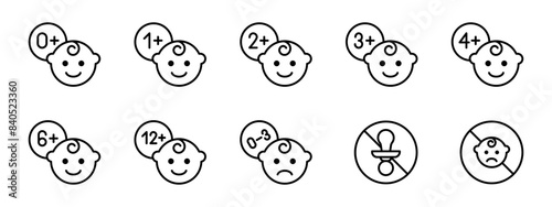 Babies plus age icon set. Baby friendly vector illustration. Suitable for children sign. Age restriction limit sign. Approved for kids label for instructions. Months for baby symbols.