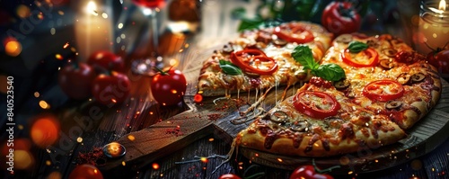 Delicious freshly baked pizza with tomato, basil, and cheese on a rustic wooden table, perfect for food lovers and culinary enthusiasts. photo